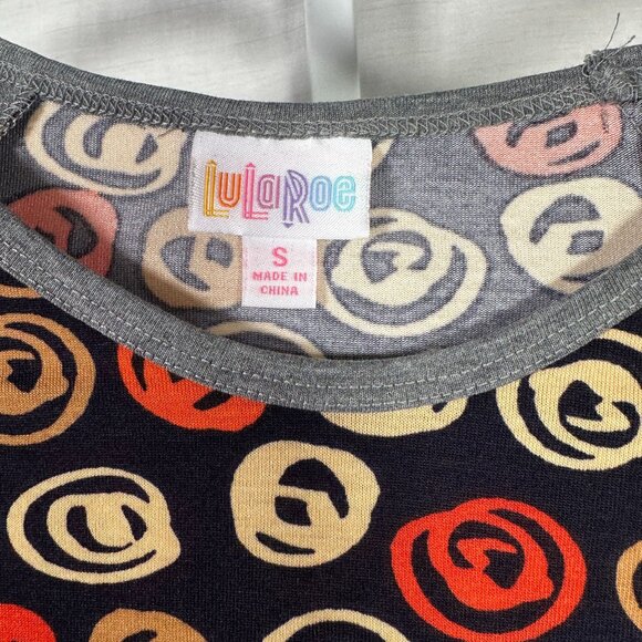 LuLaRoe RANDY Black Gran heathered Orange Tan Circles Raglan Tee Shirt SMALL S - Picture 2 of 7